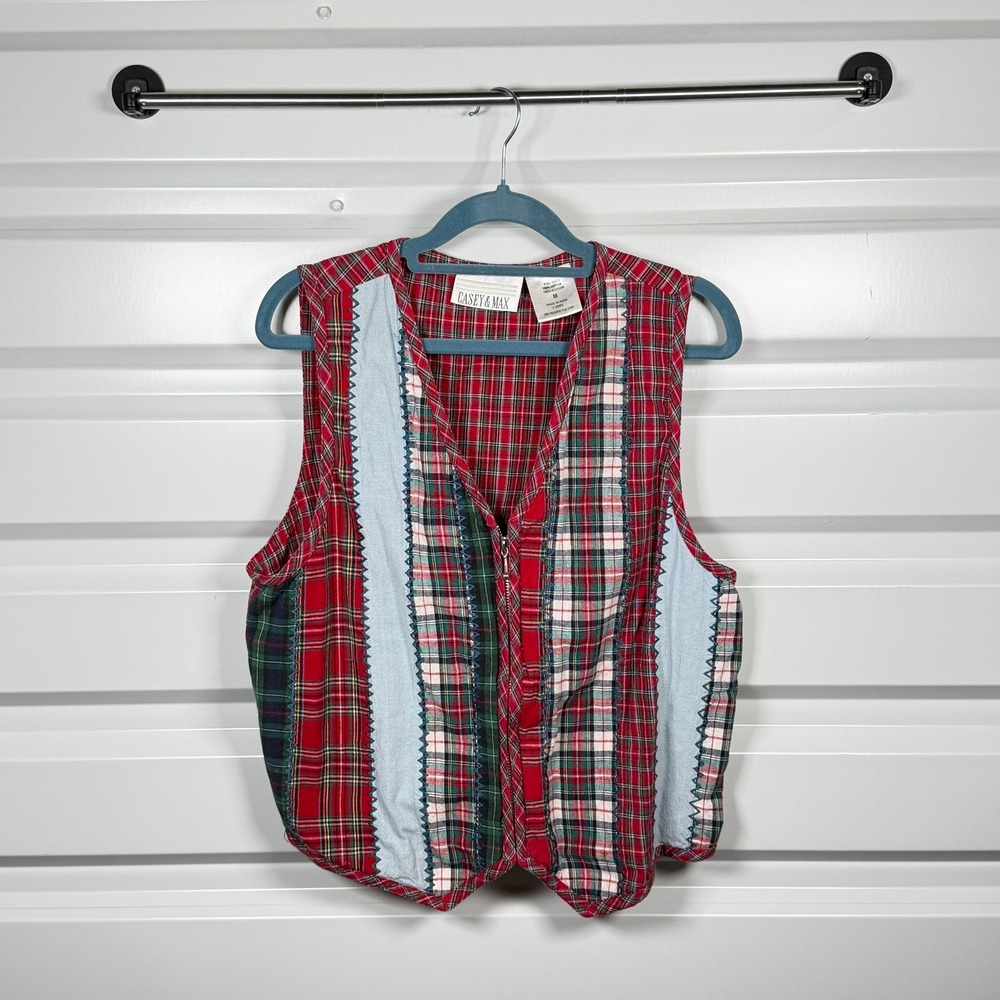 Casey & Max Vest Womens Medium Red Plaid Patchwork Zip‎ Front Cotton Sleeveless
